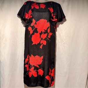 Vintage 80s Black and Red Floral Satin Avante Garde Dress Bell Sleeve